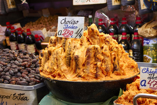 Pot of Chorizo Iberico at Atarazanas market in Malaga