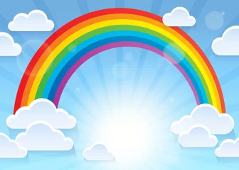 Printed kitchen splashbacks For kids Rainbow and stylized clouds theme 1