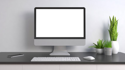 computer with white screen on office table. 3D illustration