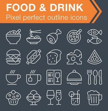 Pixel perfect outline food and drink icons for mobile apps and web design.