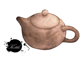 Watercolor painting of brown kettle on a white background