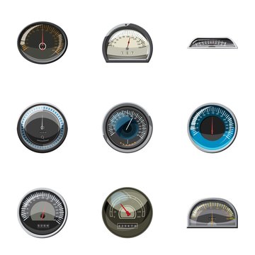 Engine speedometer icons set, cartoon style