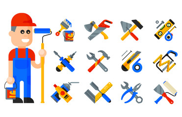 Fototapeta na wymiar Home repair tools icons working construction equipment set and service worker macter man character flat style isolated on white background vector illustration.