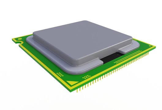 Isometric view of CPU (Central processing unit) microchip isolated on white background, 3D rendering