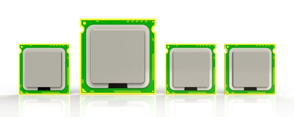 Top view of CPU (Central processing unit) microchip isolated on white background, 3D rendering