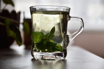 glass mug filled with fragrant mint tea
