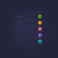 Set of search bar boxes. UI interface template isolated on dark background. Vector design element.