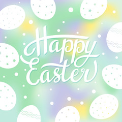 Easter greeting card with white eggs on blurred background. Vector illustration