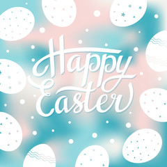Easter greeting card with white eggs on blurred background. Vector illustration