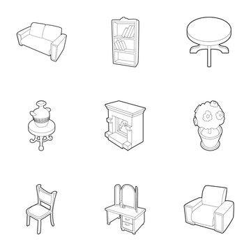 Home furniture icons set, outline style