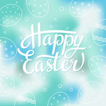 Easter greeting card with white eggs on blurred background. Vector illustration