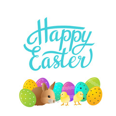 Easter greeting card with colorful eggs and bunny, chickens. Vector illustration