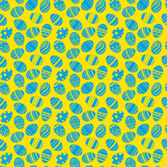 Easter eggs ornaments seamless pattern. Easter holiday blue and yellow background for printing on fabric, paper for scrapbooking, gift wrap and wallpapers. Vector illustration.