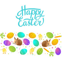 Easter greeting card. Basket with colorful eggs and bunny. Vector illustration