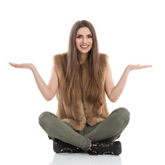 Sitting Casual Woman Presenting