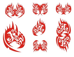 Fantastic flaming eagle head and symbols formed from it. Decorative mystic eagle head, symbols and butterflies formed from it in red and white options