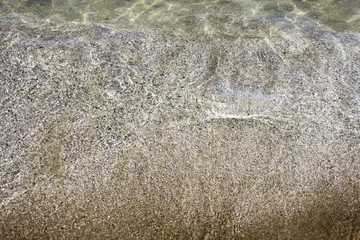 Closeup of clear water lapping a sandy beach , background with space for text