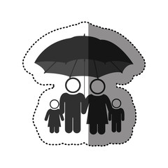 sticker of black pictogram of umbrella protecting family group vector illustration