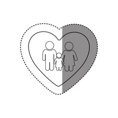 sticker of monochrome silhouette of heart and pictogram couple and daughter vector illustration