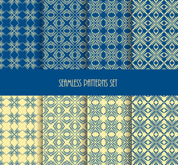 Repeatable geometric style. Stylish blue yellow color seamless pattern set
