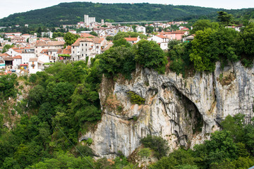 Fototapeta na wymiar Canyon Pazinska Jama, mountains and aerial view of old districts of Pazin, Historical center of Istria, Croatia