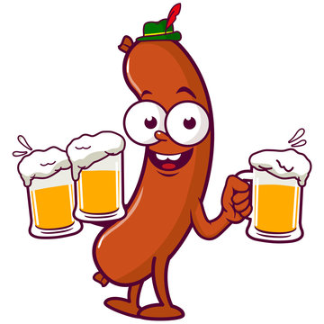 Cartoon sausage serving beer. Vector illustration