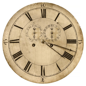 Sepia toned image of an old clock face isolated on white