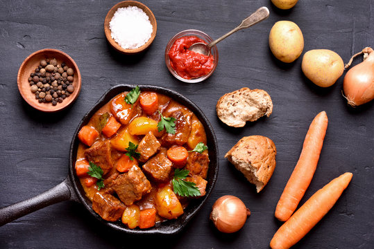 Goulash, beef stew and ingredients