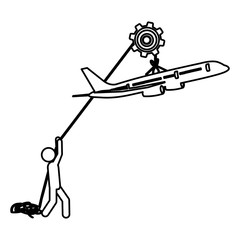 silhouette worker with pulley holding small figure airplane vector illustration