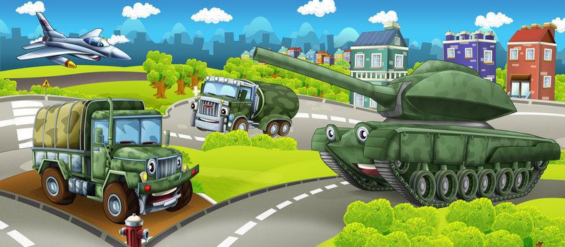 cartoon stage with different military machines colorful and cheerful scene