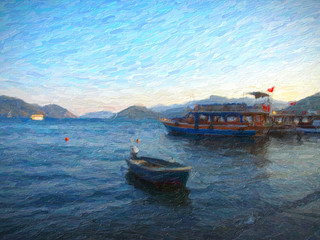Fototapeta na wymiar Oil painting. Sea, boats, yachts