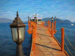 Sea, boats. Sea cliffs bay. Oil painting. 