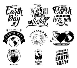 Vector illustration of happy Earth day element set with earth globe, leaves