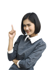 Asian young business woman portrait with pointing a screen on white backgrounds