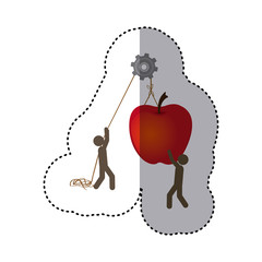 sticker colorful workers with pulley holding big apple fruit vector illustration