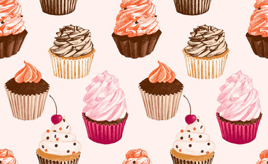 Seamless pattern with hand drawn cupcakes