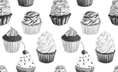 Seamless pattern with hand drawn cupcakes