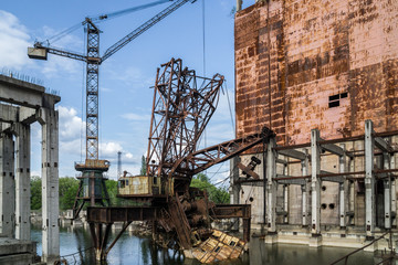 Fototapeta na wymiar Rusty crane in Chernobyl Nuclear Power Plant Zone of Alienation, Ukraine