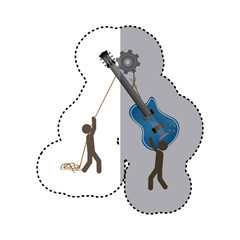 sticker colorful workers with pulley holding electric guitar musical vector illustration