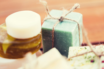 close up of handmade soap bars on wood