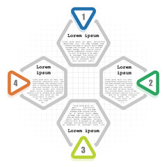 Circle infographic template with 4 options. Hexagon elements with inscriptions and numbers on cell background. For presentation and design concept. Vector illustration.