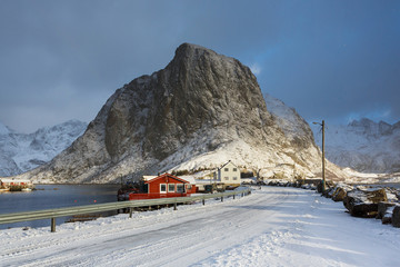 Sunrise over the Hamnoy village in winter