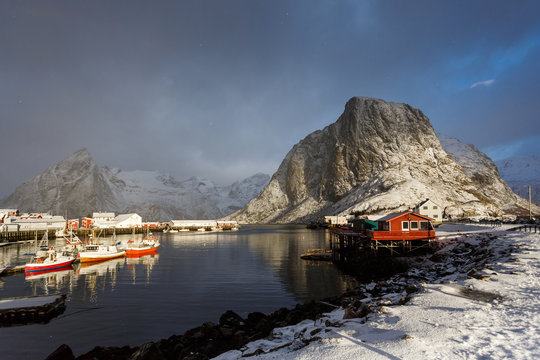 Sunrise over the Hamnoy village in winter