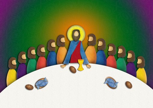 Last supper of Jesus Christ with apostles. Modern textured abstract digital illustration.