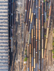 Freight and passenger train waiting at the train station parking lot.Cargo transit.import export and business logistic.Aerial view.Top view.