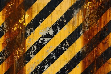 Worn concrete wall painted by black and yellow warning pattern, rust dirty on sides