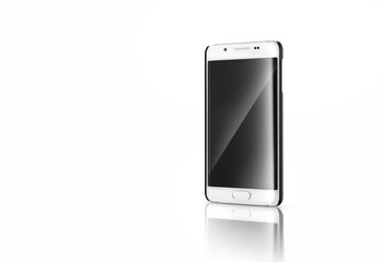 White smartphone stands on a reflective table with a beautiful screen saver..These, and many other wallpapers you can find in my portfolio. Product design
