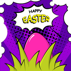 Happy Easter card with egg, grass  and text cloud. Comics style. - 141868541