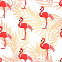Tropical pattern with flamingo and  palm branches. Ornament for textile and wrapping. Vector  background.