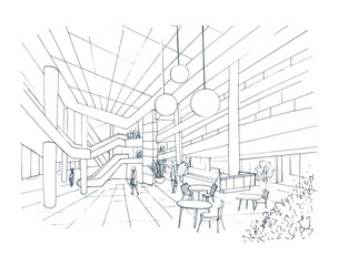 Modern interior shopping center, mall. Contour sketch illustration ... Modern interior shopping center, mall. Contour sketch illustration ...